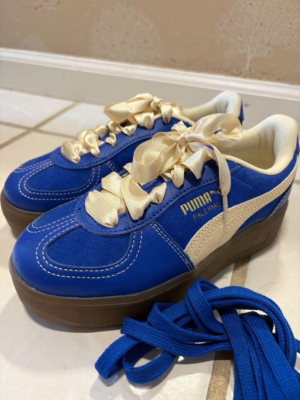 Puma Palermo Platform Sneakers in Blue & Cream - Picture 3 of 8